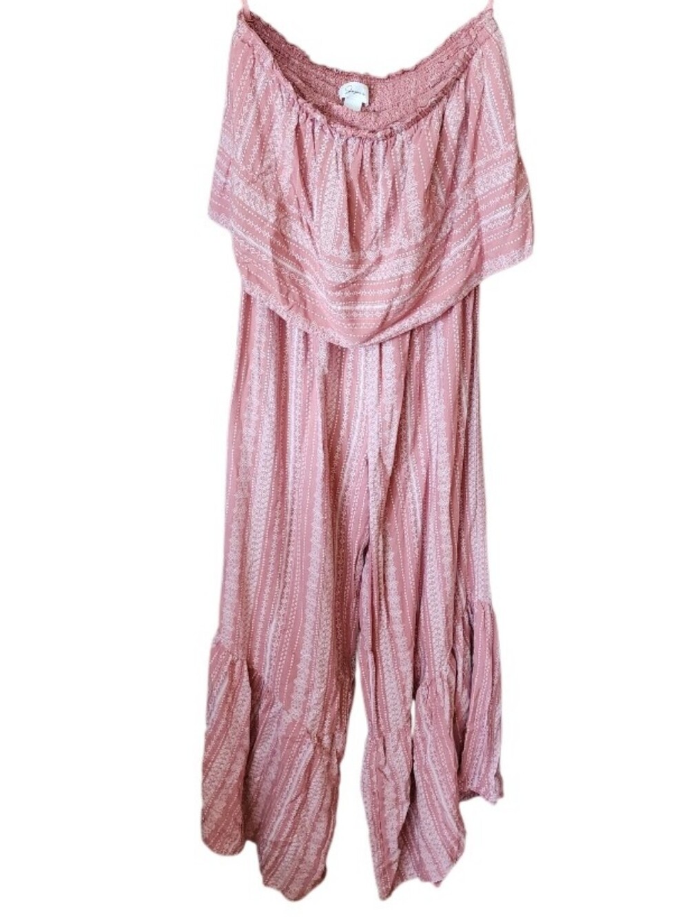 Japna Mauve Pink Strapless Ruffled Wide Leg Jumpsuit Sz S Boho Vacation Feminine